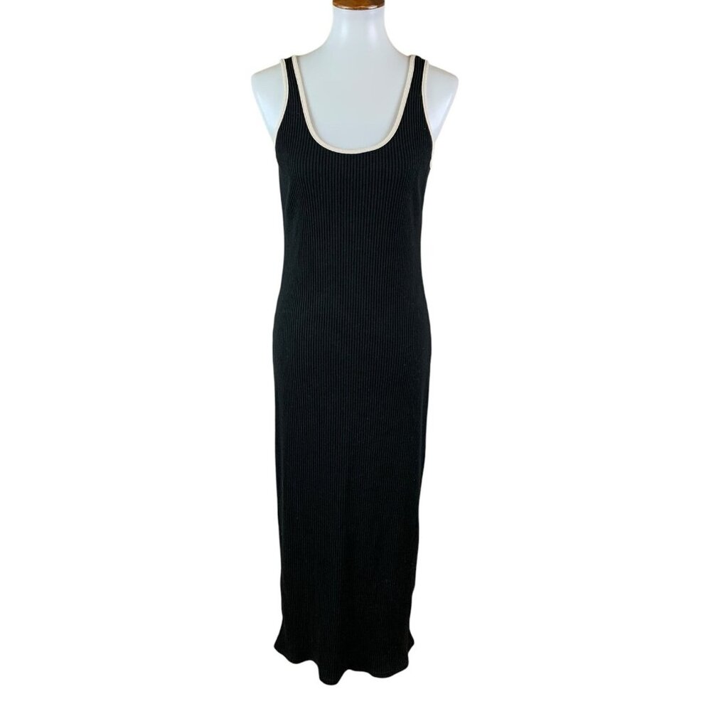Things‎ Between Ribbed Knit Midi Tank Dress Black Beige Trim Small Sleeveless